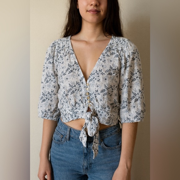 Cleobella Tops - Cleobella | Women's Organic Cotton Floral Cropped 3/4 Sleeve Blouse Size Large